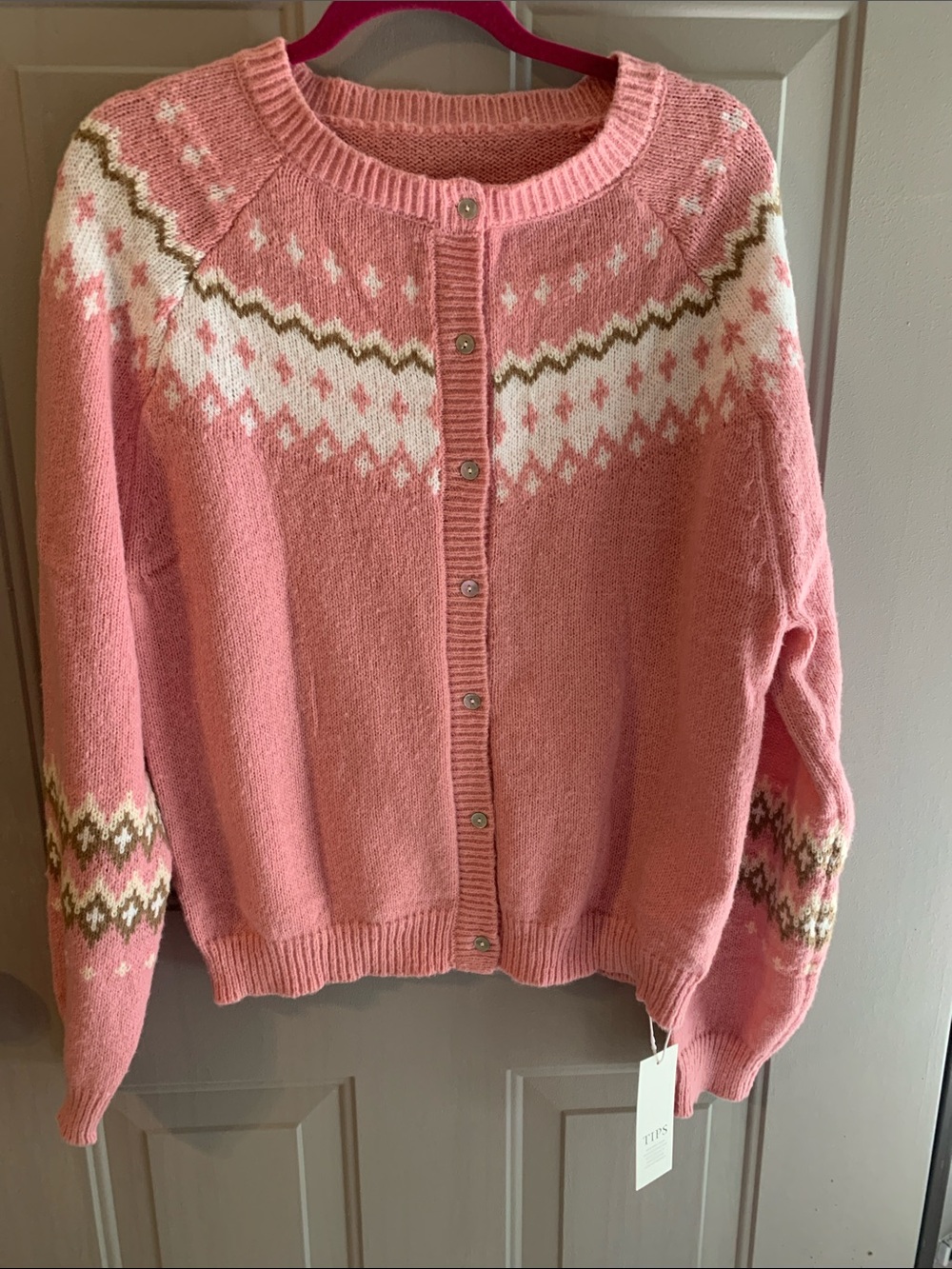Fair Isle NEW Button-Up Women's Sweater Cardigan Size Large Pink Brown & White